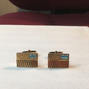 Pair of gold tone blue rhinestone cuff link unisex